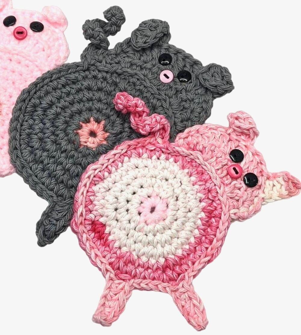 Crochet Pig Butt Coasters Hand Crafted Set of Two Peeking Piggy Table Mug Rug